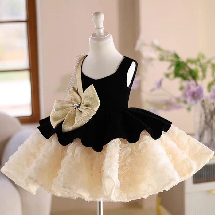 One shoulder Pearl Necklace Girl Dress With Bow Sleeveless J726