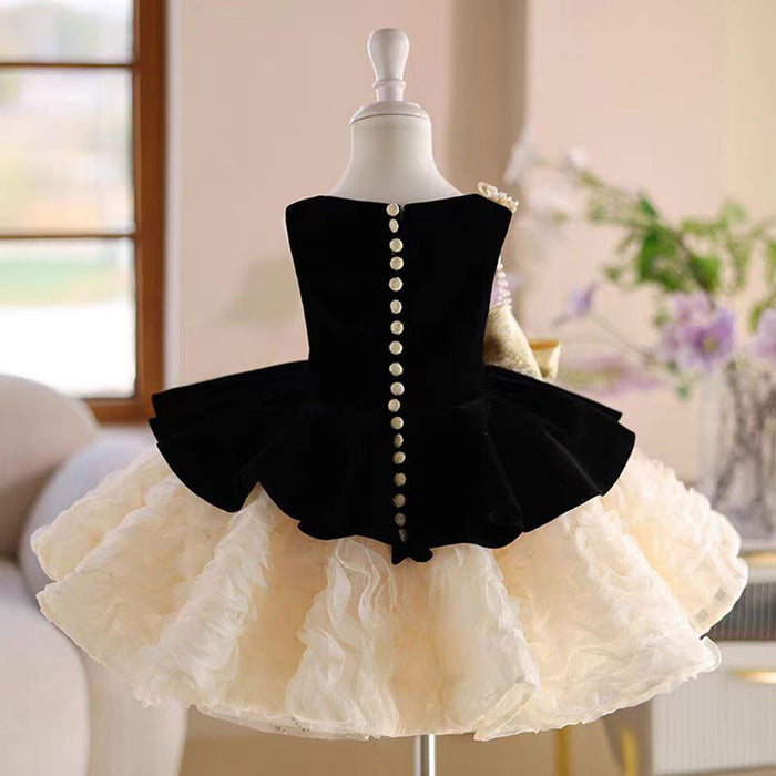 One shoulder Pearl Necklace Girl Dress With Bow Sleeveless J726