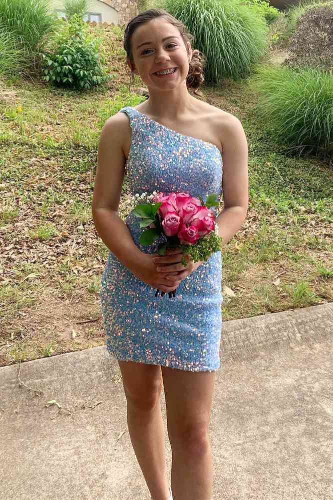 One-Shoulder Periwinkle Sequin Backless Mini Homecoming Dress