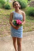 One-Shoulder Periwinkle Sequin Backless Mini Homecoming Dress