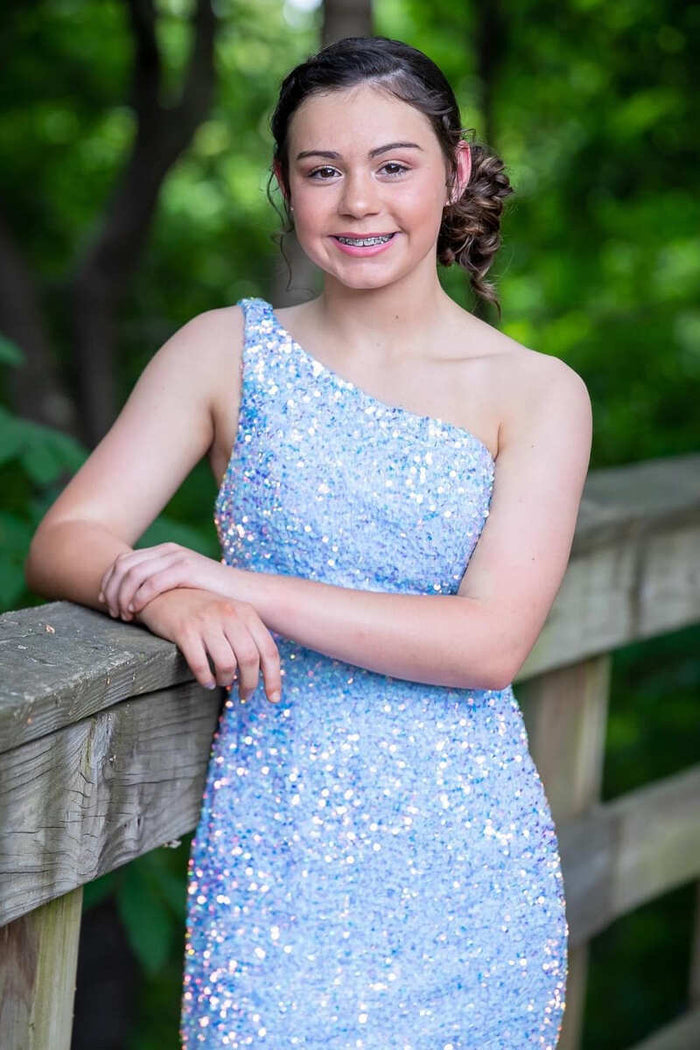 One-Shoulder Periwinkle Sequin Backless Mini Homecoming Dress