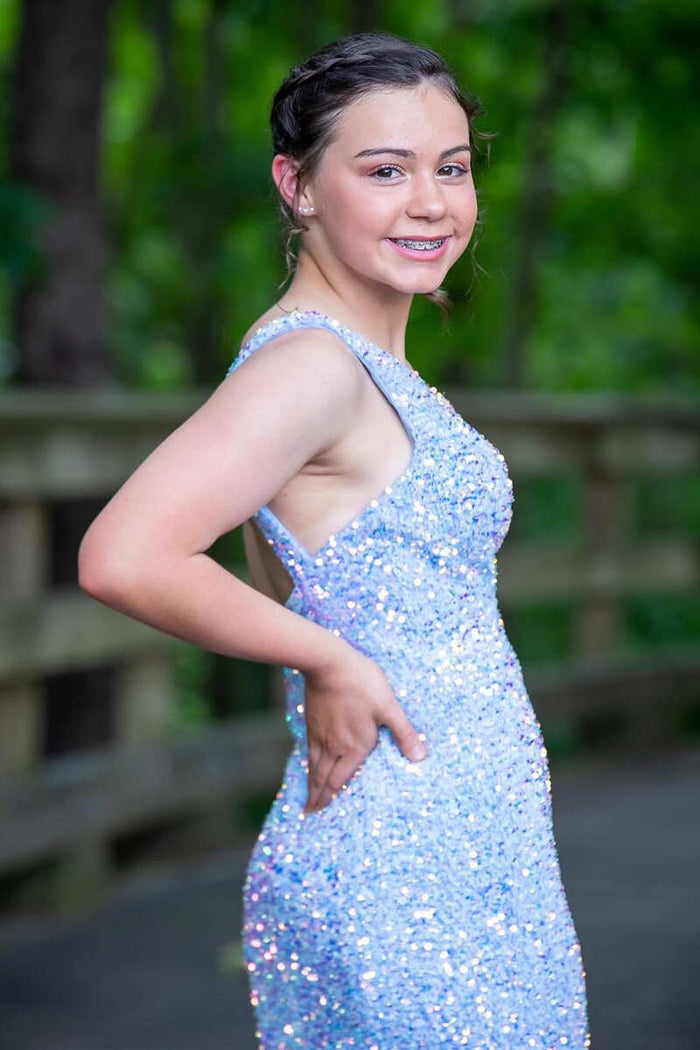 One-Shoulder Periwinkle Sequin Backless Mini Homecoming Dress