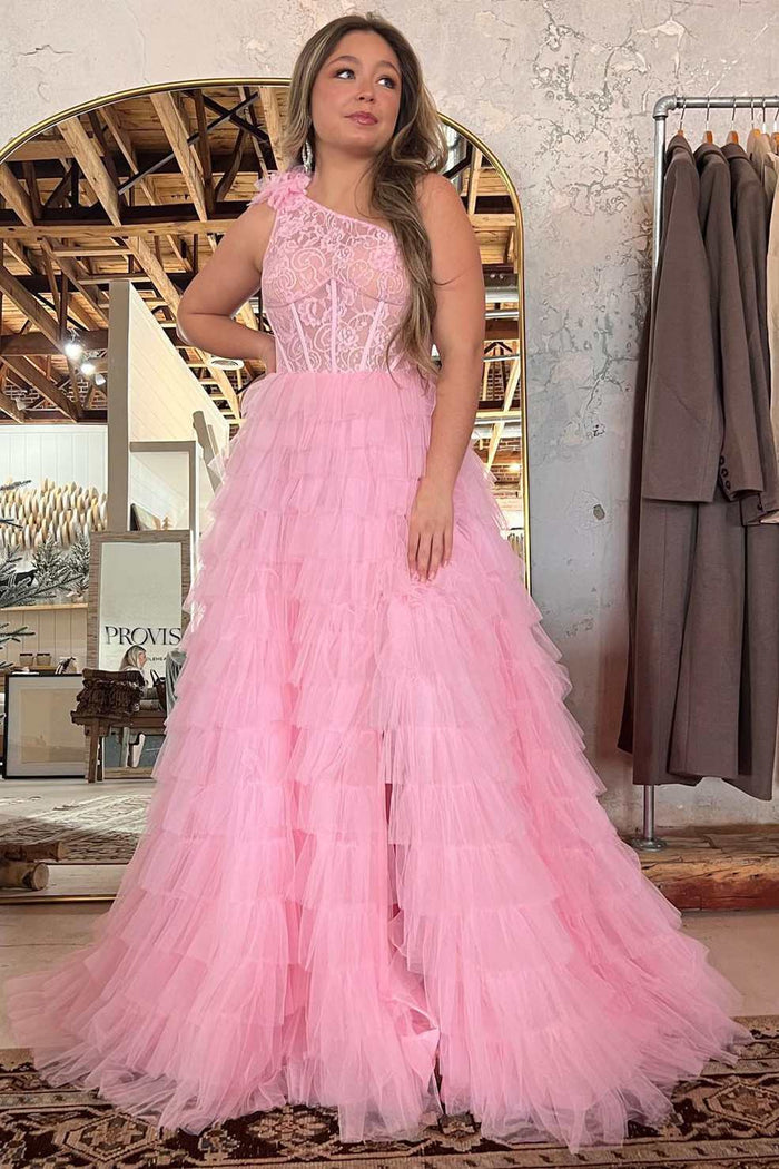 One-Shoulder Red Lace A-Line Tiered Prom Dress with Ruffles