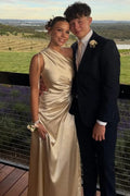 One Shoulder Satin Pleats Sleeveless Long Formal Prom Dress with Slit