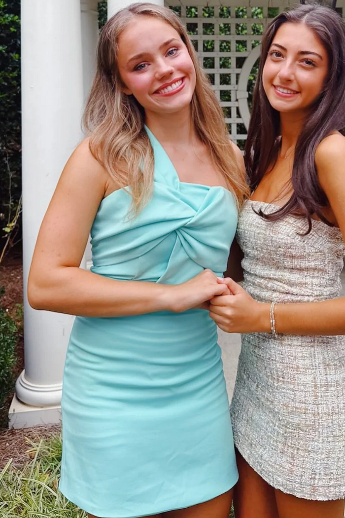 One Shoulder Twist Satin Sleeveless Bodycon Pleats Homecoming Dress