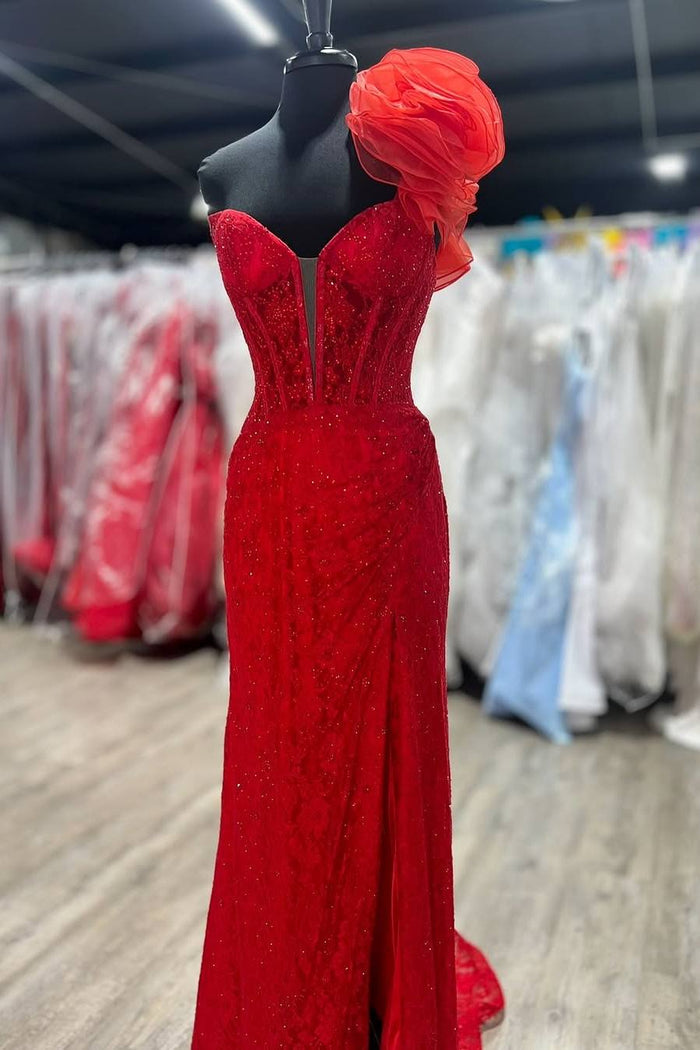 One Shoulder V-Neck Mermaid Rhinestone Long Prom Dress with Slit
