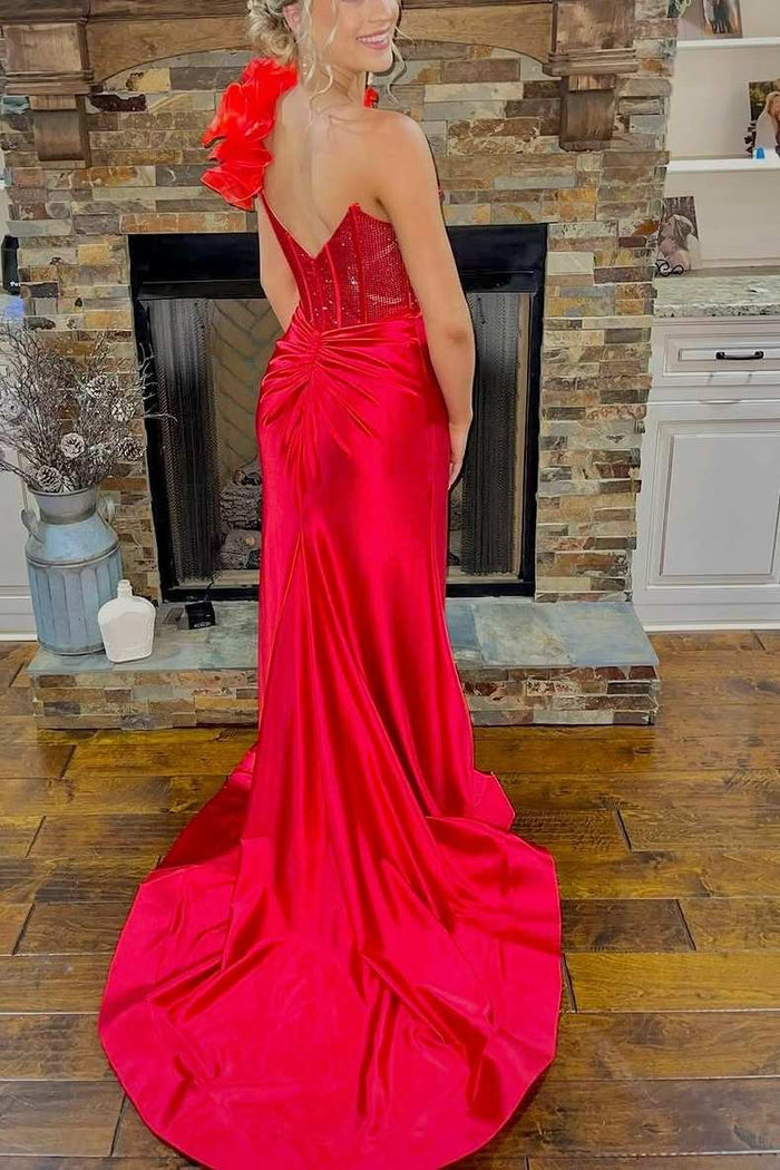 One Shoulder V-Neck Mermaid Rhinestone Long Prom Dress with Slit