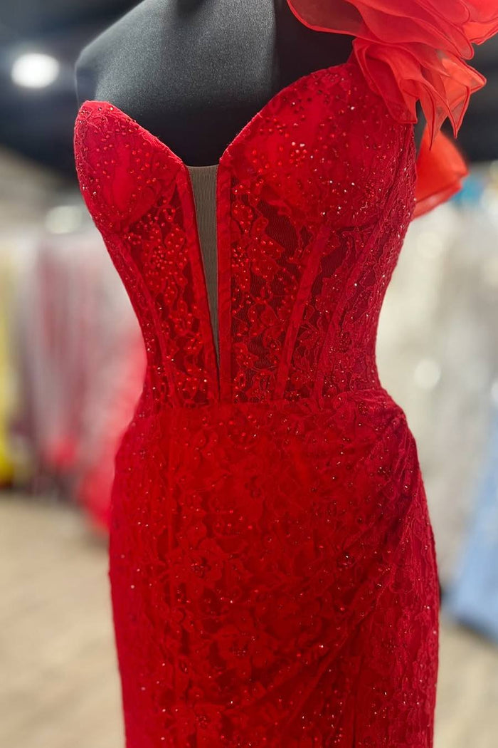 One Shoulder V-Neck Mermaid Rhinestone Long Prom Dress with Slit
