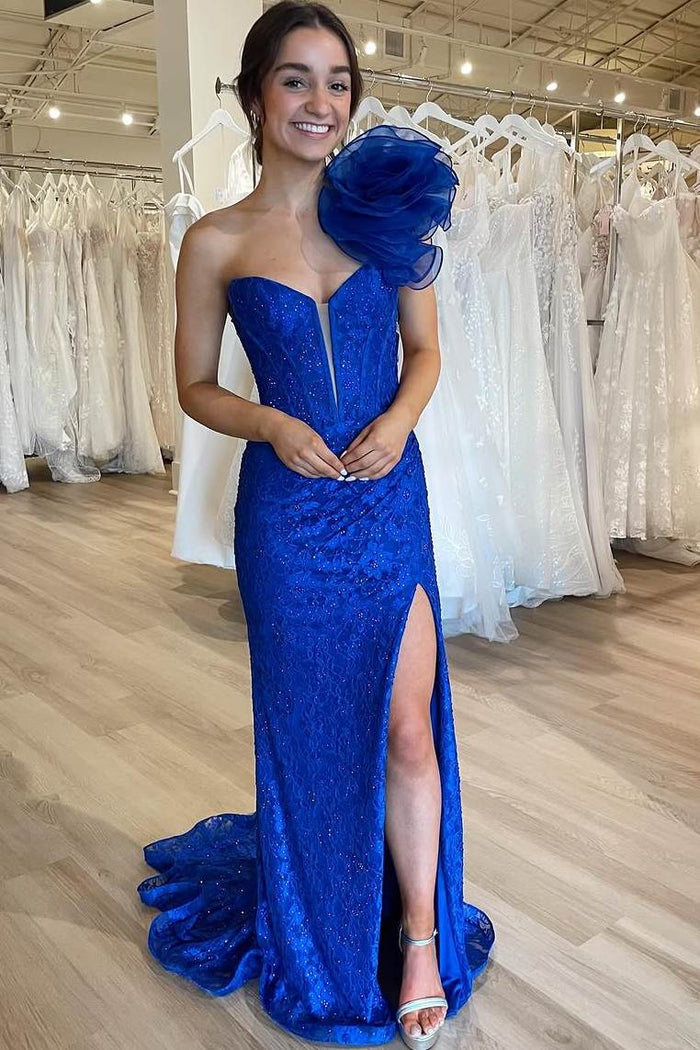 One Shoulder V-Neck Mermaid Rhinestone Long Prom Dress with Slit