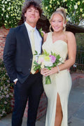 One Shoulder Yellow Pleats Sleeveless Satin Long Prom Dress with Slit
