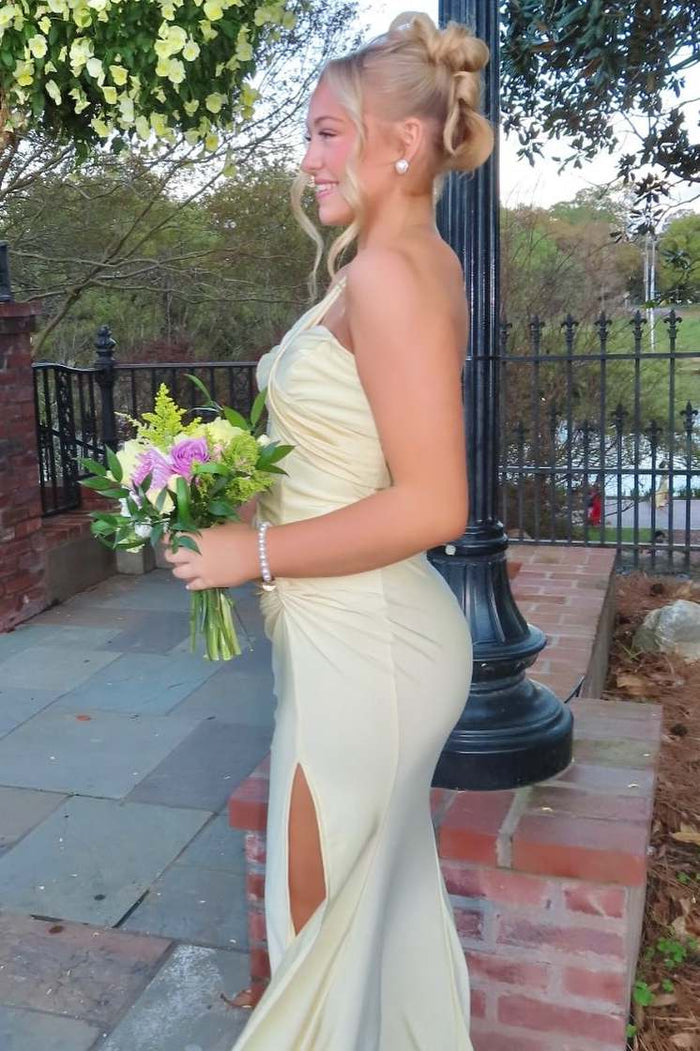 One Shoulder Yellow Pleats Sleeveless Satin Long Prom Dress with Slit
