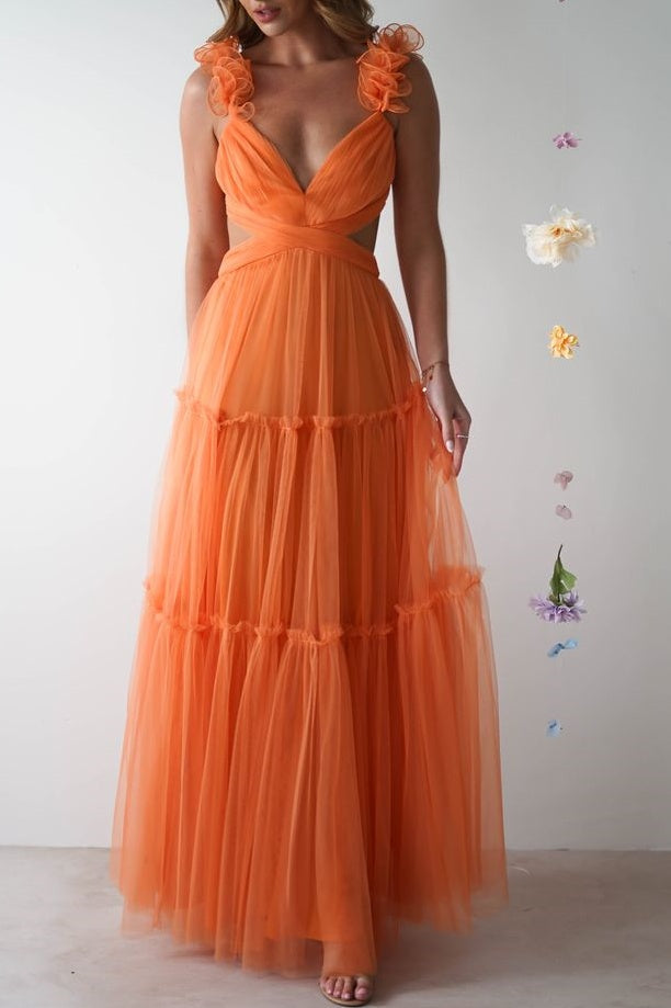 Orange A-Line Empire-Waist V-Neck Tulle Long Formal Prom Dress