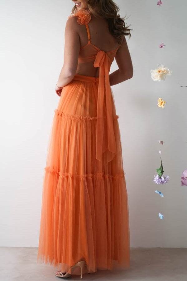 Orange A-Line Empire-Waist V-Neck Tulle Long Formal Prom Dress