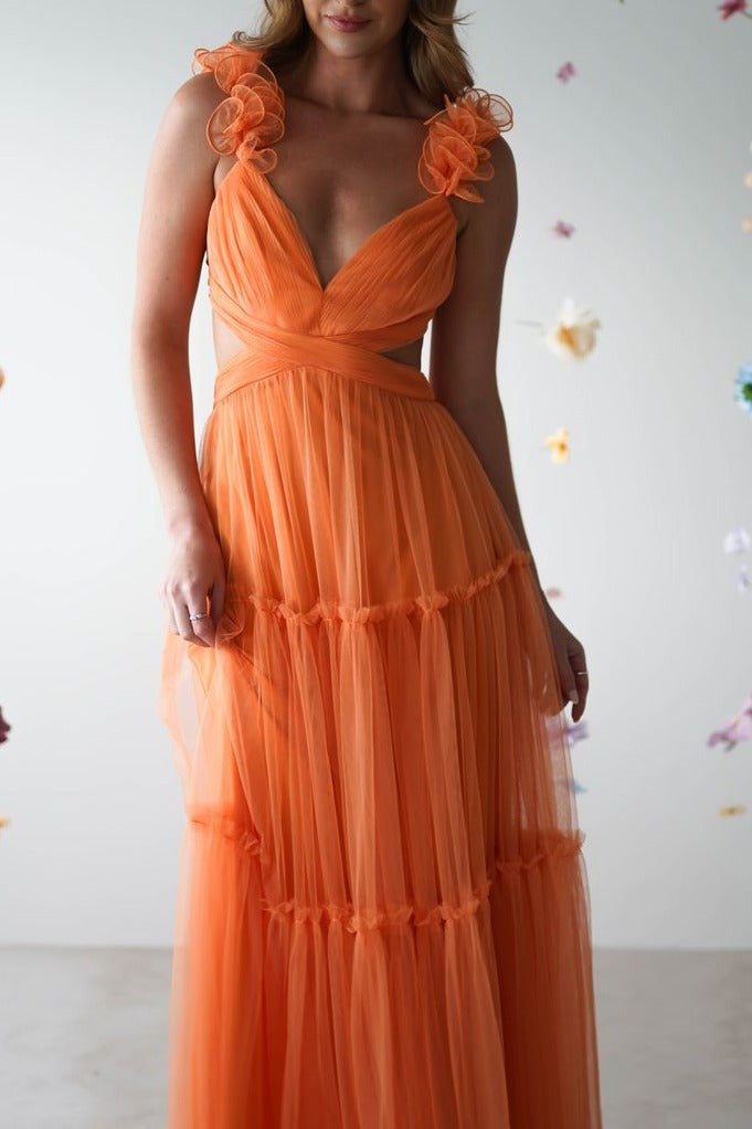 Orange A-Line Empire-Waist V-Neck Tulle Long Formal Prom Dress