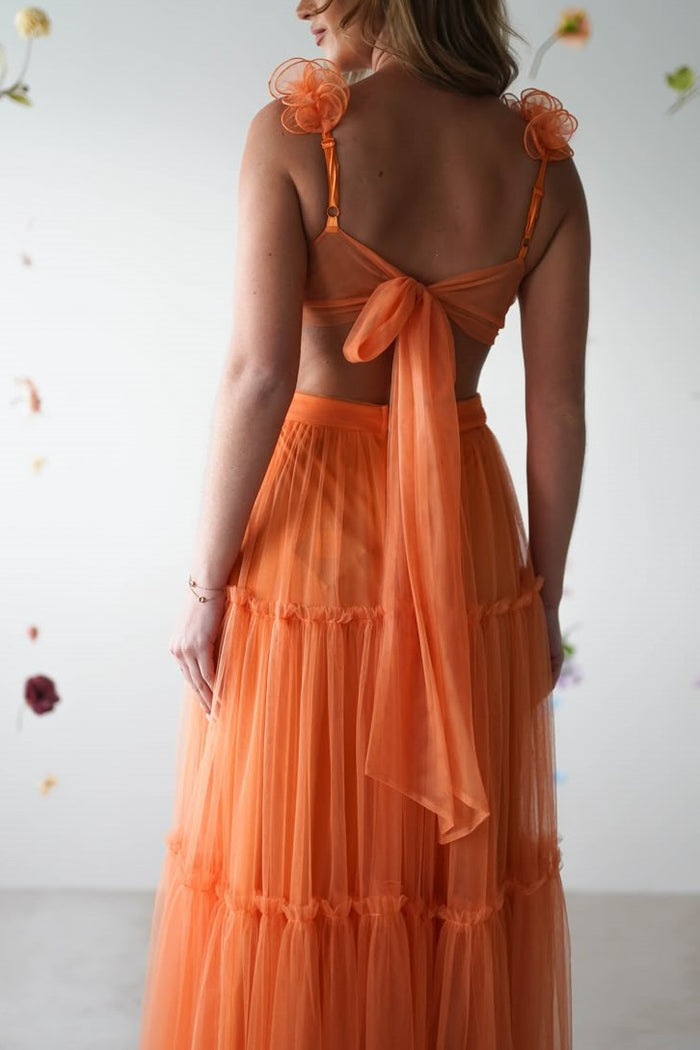 Orange A-Line Empire-Waist V-Neck Tulle Long Formal Prom Dress