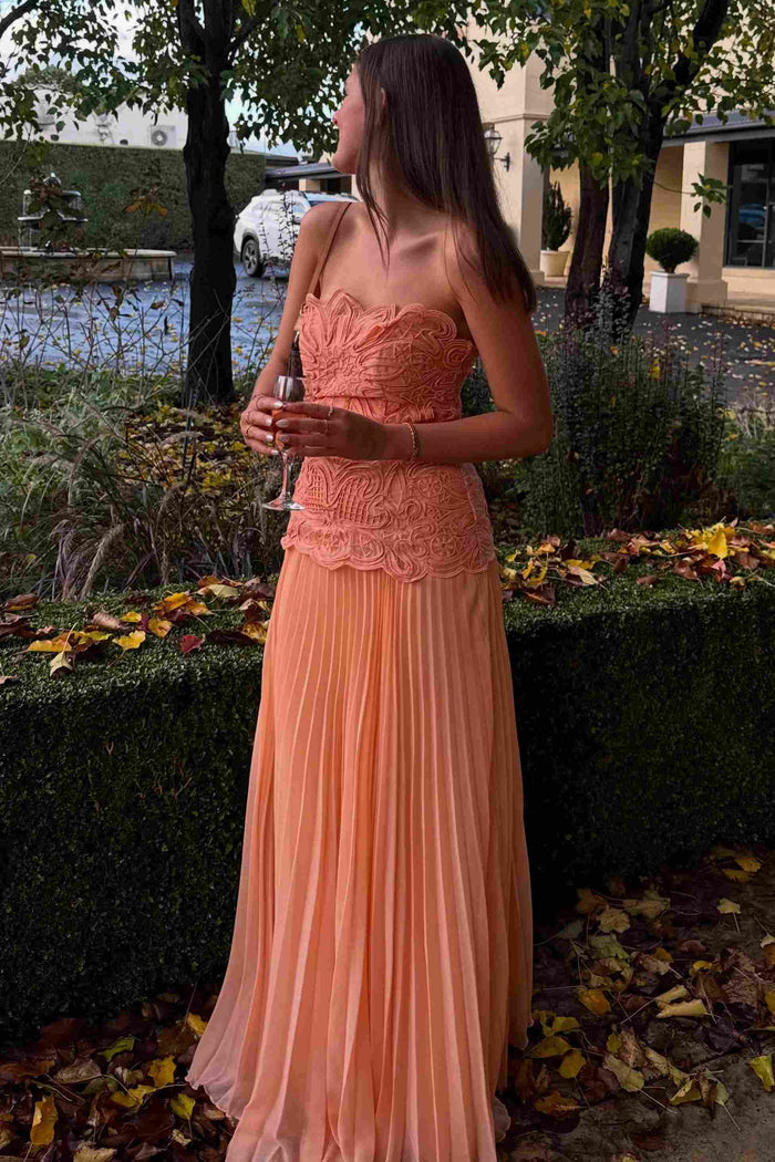 Orange A-Line Strapless Appliques Chiffon Pleated Long Prom Dress