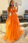 Orange A-Line Strapless Appliques Empire-Waist Tulle Prom Dress