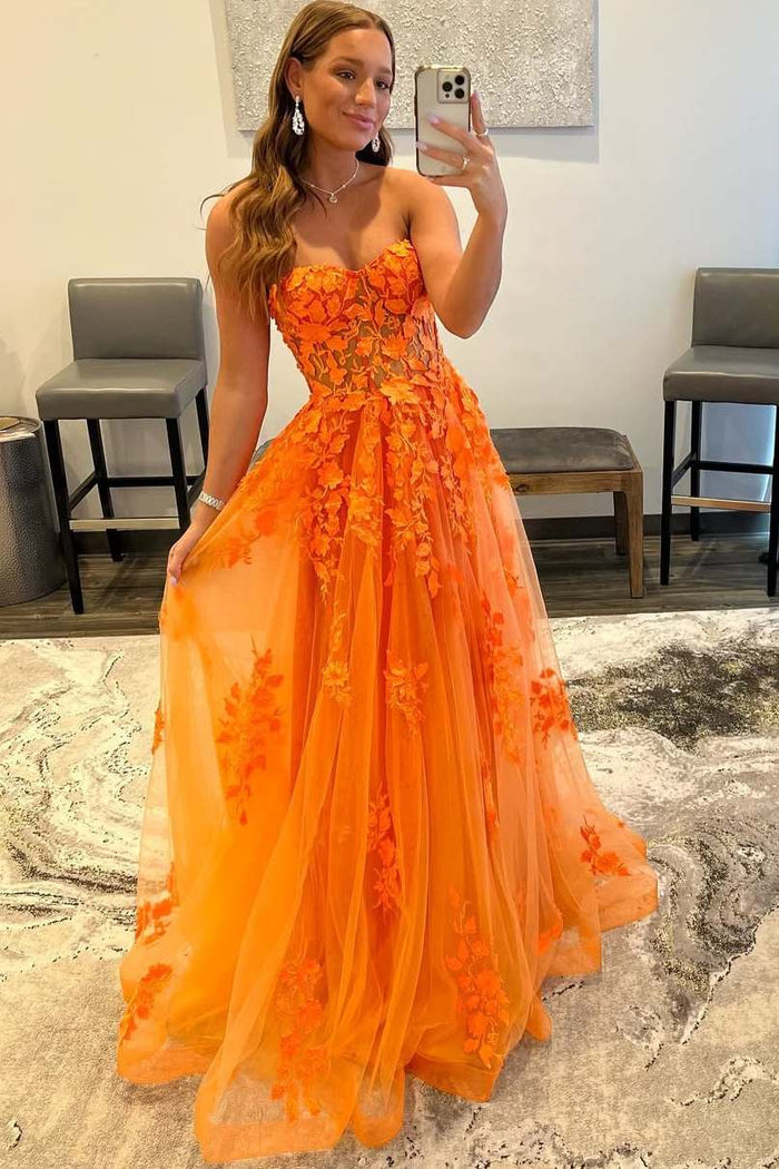 Orange A-Line Strapless Appliques Empire-Waist Tulle Prom Dress