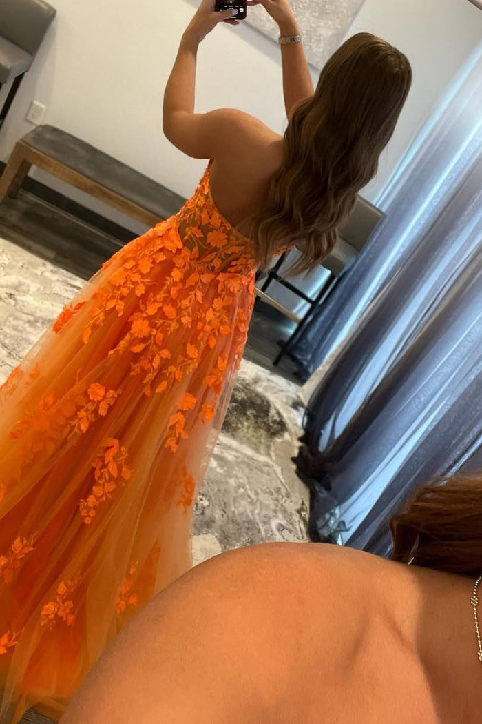 Orange A-Line Strapless Appliques Empire-Waist Tulle Prom Dress