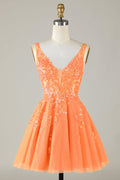 Glitter Applique V-Neck A-Line Homecoming Dress in orange