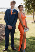 Orange Halter Pleats Satin Backless Long Prom Party Dress with Slit