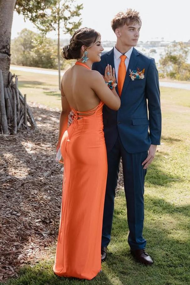 Orange Halter Pleats Satin Backless Long Prom Party Dress with Slit