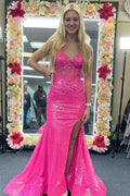 Orange Sequin Corset Top Mermaid Long Prom Dress with Slit