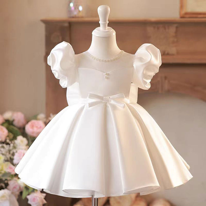 Pearl-decorated Neckline Satin Flower Girl Dress With Bow J791