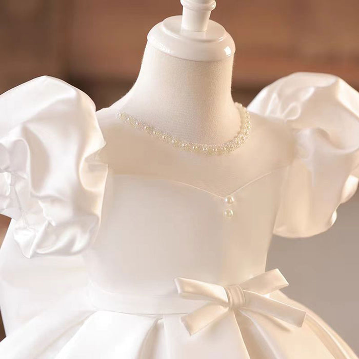 Pearl-decorated Neckline Satin Flower Girl Dress With Bow J791
