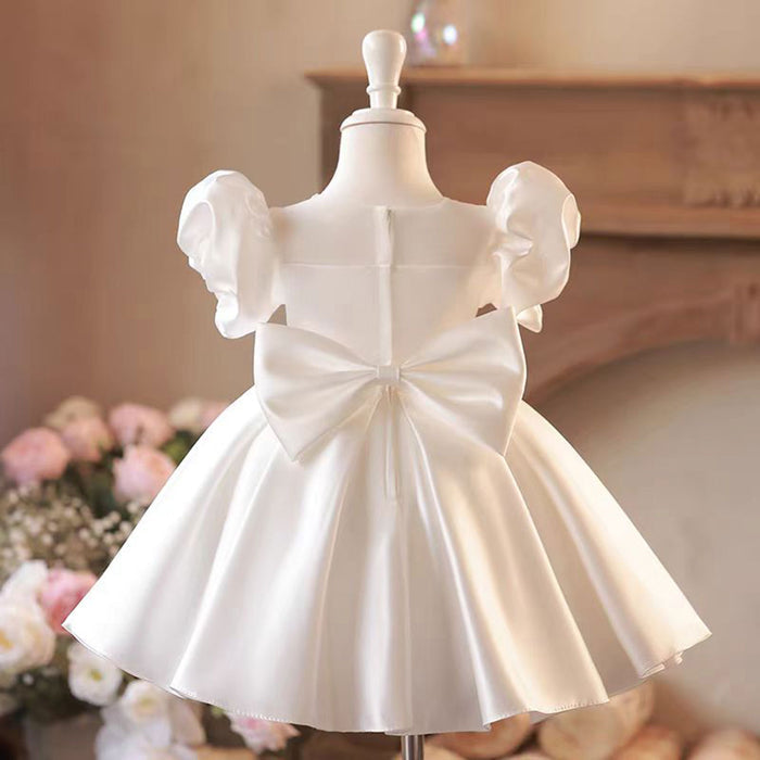 Pearl-decorated Neckline Satin Flower Girl Dress With Bow J791