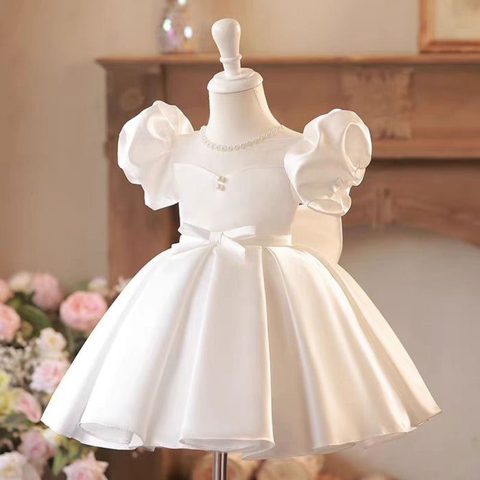 Pearl-decorated Neckline Satin Flower Girl Dress With Bow J791