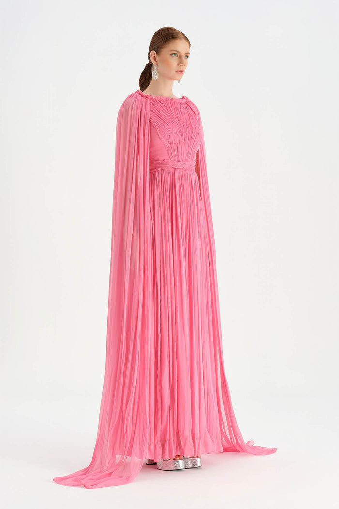 Pelerin Kollu Piliseli Abiye Elbise - 26076C - PEMBE