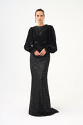 Pilise Kol ve Drape Detaylı Taşlı Uzun Abiye Elbise - 9094C - SİYAH