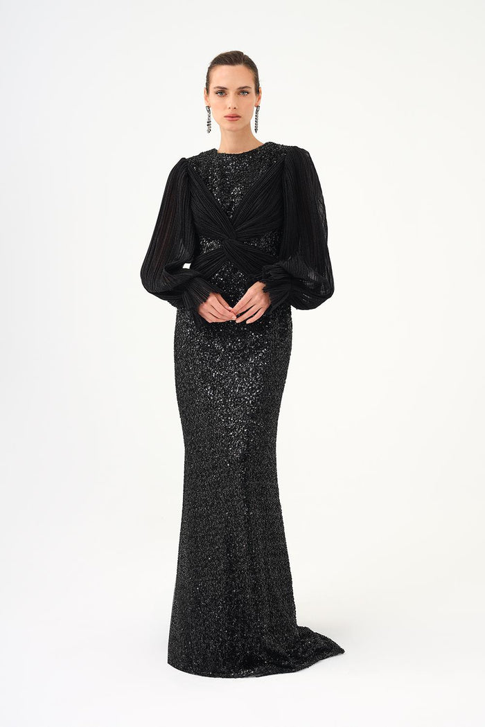 Pilise Kol ve Drape Detaylı Taşlı Uzun Abiye Elbise - 9094C - SİYAH