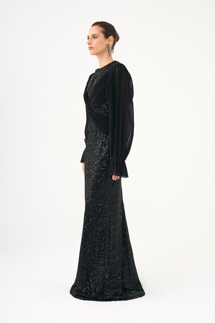 Pilise Kol ve Drape Detaylı Taşlı Uzun Abiye Elbise - 9094C - SİYAH