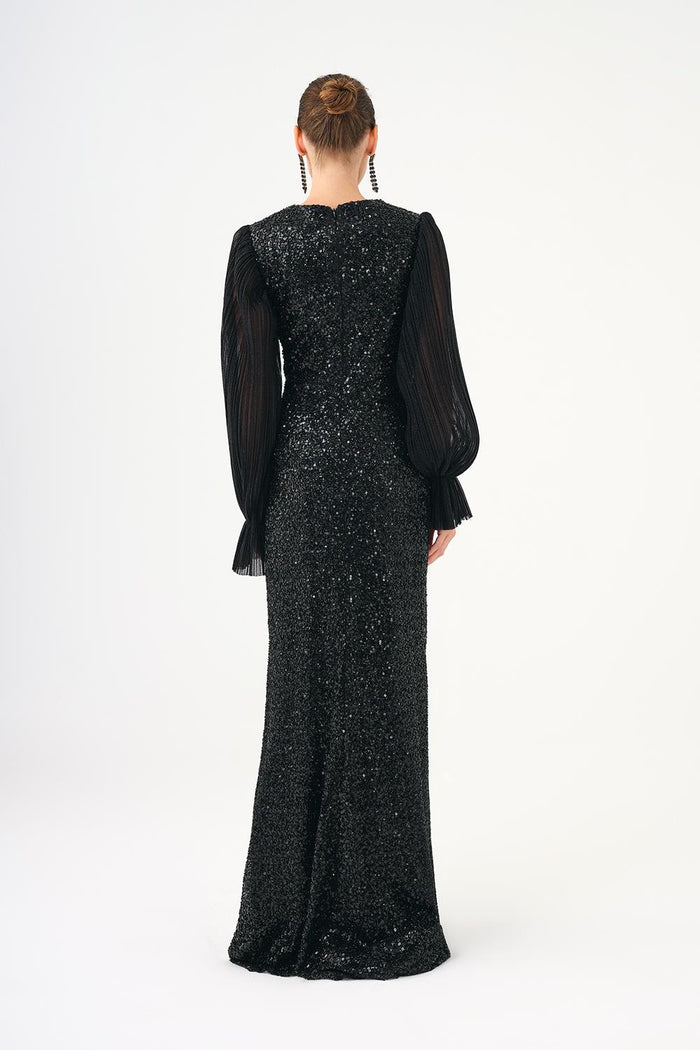 Pilise Kol ve Drape Detaylı Taşlı Uzun Abiye Elbise - 9094C - SİYAH