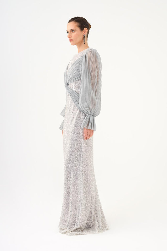 Pilise Kol ve Drape Detaylı Taşlı Uzun Abiye Elbise - 9094C - GRİ