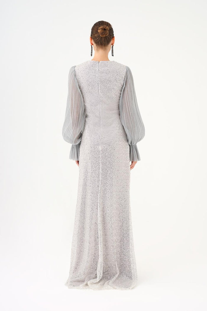 Pilise Kol ve Drape Detaylı Taşlı Uzun Abiye Elbise - 9094C - GRİ