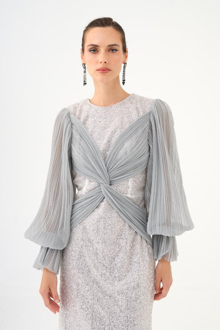 Pilise Kol ve Drape Detaylı Taşlı Uzun Abiye Elbise - 9094C - GRİ
