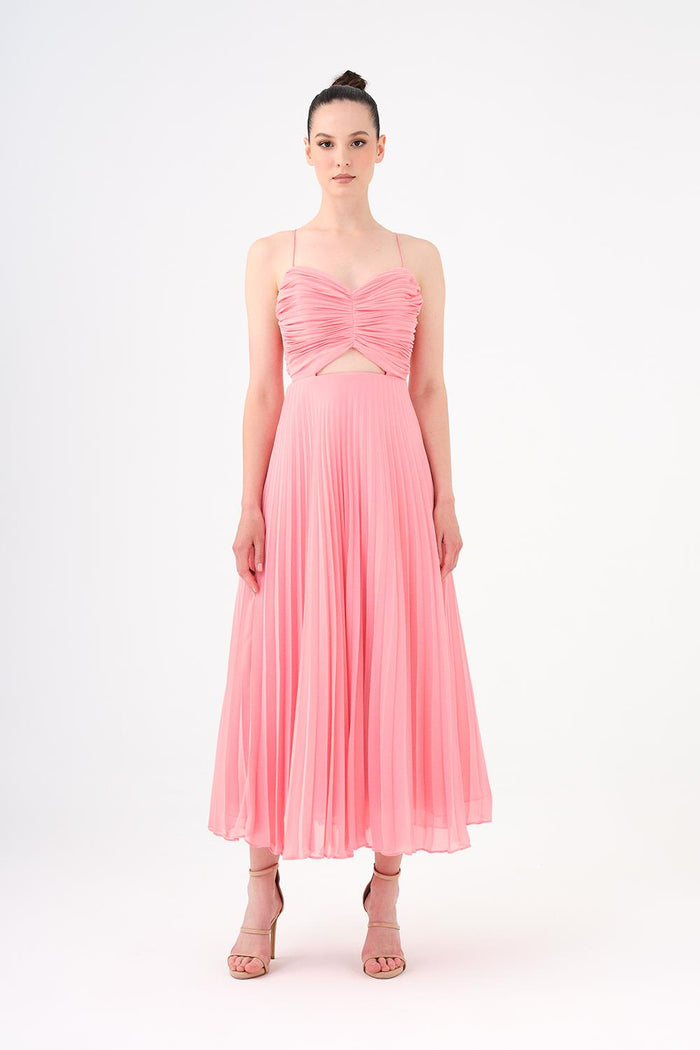 Piliseli Askılı Midi Abiye Elbise - 9181C - PEMBE