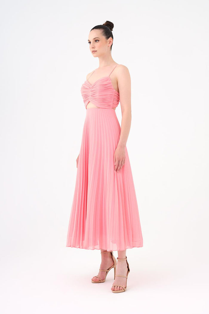 Piliseli Askılı Midi Abiye Elbise - 9181C - PEMBE