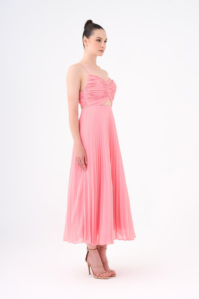Piliseli Askılı Midi Abiye Elbise - 9181C - PEMBE