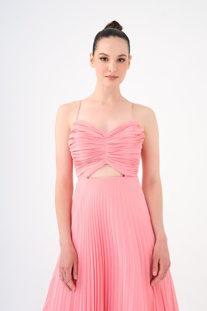 Piliseli Askılı Midi Abiye Elbise - 9181C - PEMBE