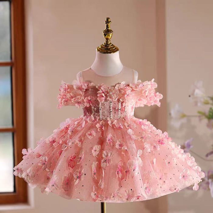 Pink 3D Flowers Girl Dress Toddler Kids 1st Birthday Party Gown J489