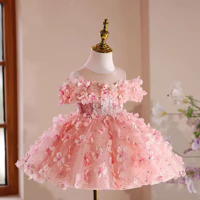 Pink 3D Flowers Girl Dress Toddler Kids 1st Birthday Party Gown J489