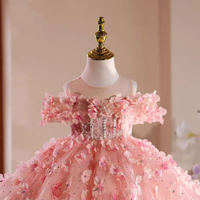 Pink 3D Flowers Girl Dress Toddler Kids 1st Birthday Party Gown J489