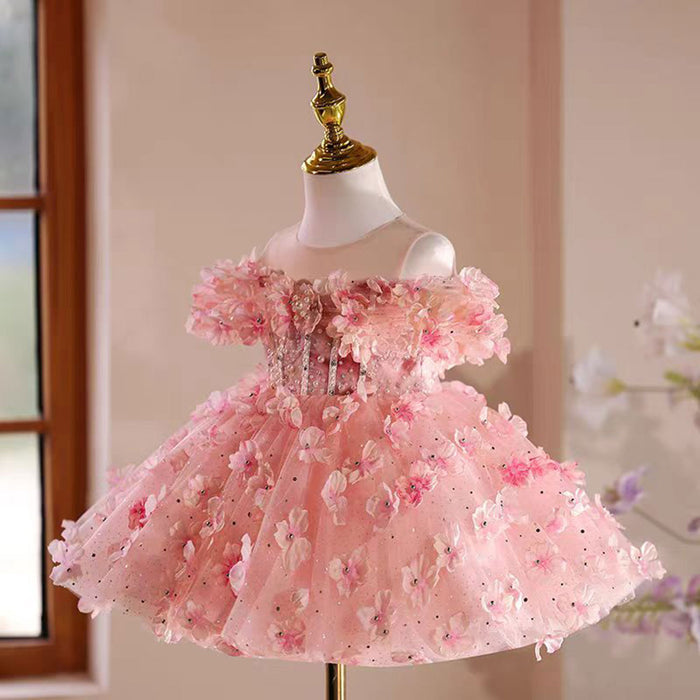Pink 3D Flowers Girl Dress Toddler Kids 1st Birthday Party Gown J489