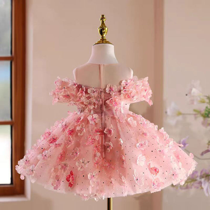 Pink 3D Flowers Girl Dress Toddler Kids 1st Birthday Party Gown J489