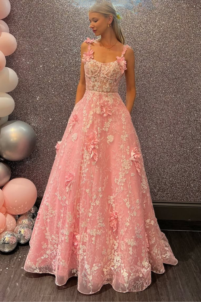 Pink A-Line Empire-Waist Lace Appliques Sleeveless Long Prom Dress