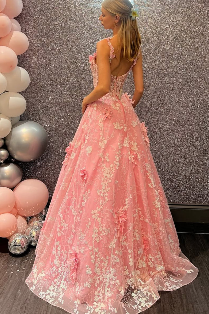 Pink A-Line Empire-Waist Lace Appliques Sleeveless Long Prom Dress